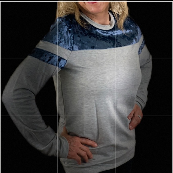 SUTTER GRAY SWEATSHIRT WITH BLUE VELVET ACCENT AT SHOULDER AND SLEEVE CREW NECK - Picture 9 of 9